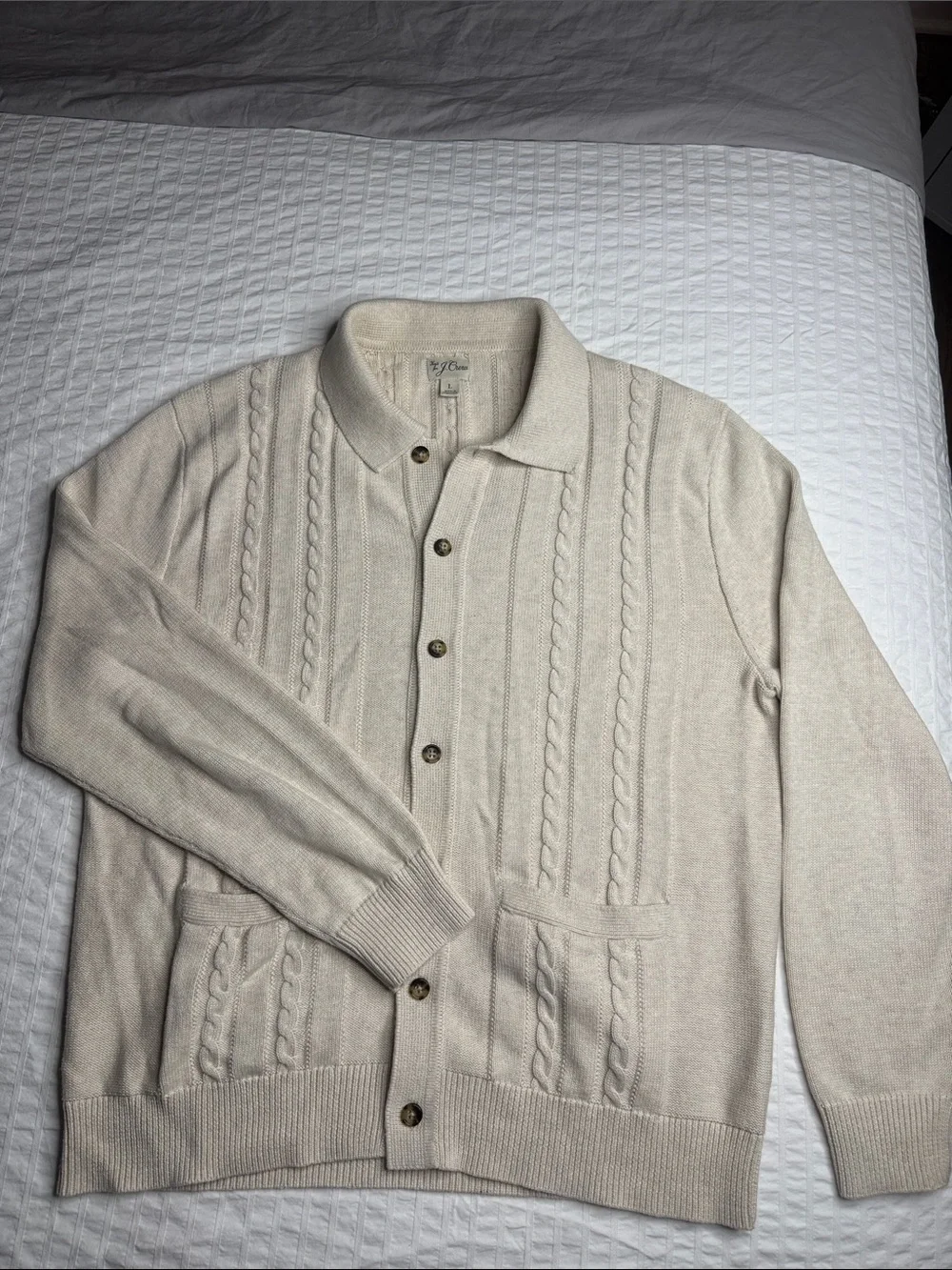 J. Crew Men's Cream Cable Knit Polo-Style Button Cardigan Size L - 100% Cotton